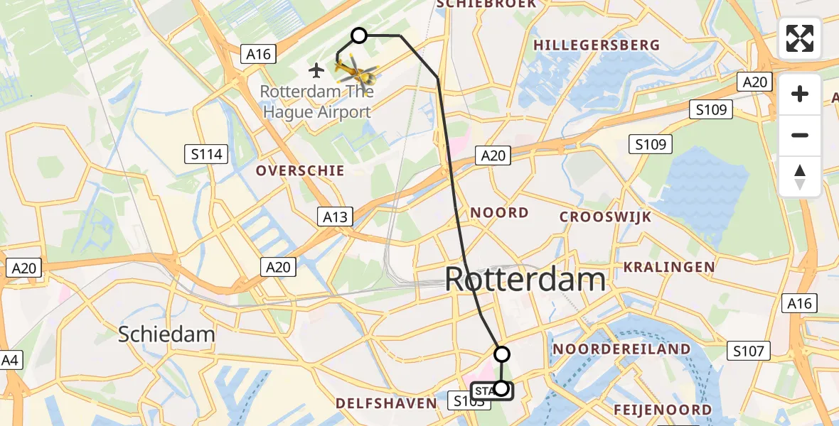 Vluchtroute Traumahelikopter van Erasmus MC naar Rotterdam The Hague Airport