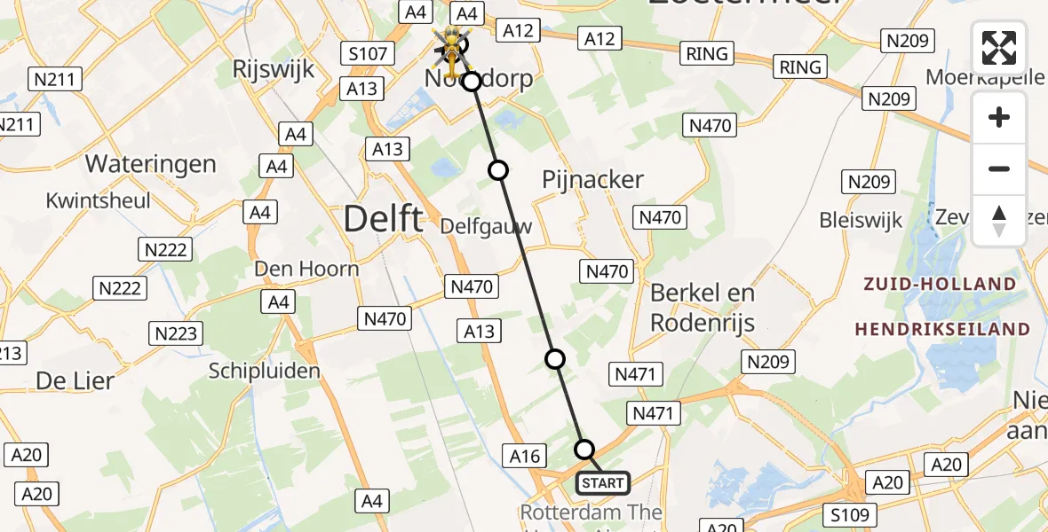 Vluchtroute Traumahelikopter van Rotterdam The Hague Airport naar Nootdorp