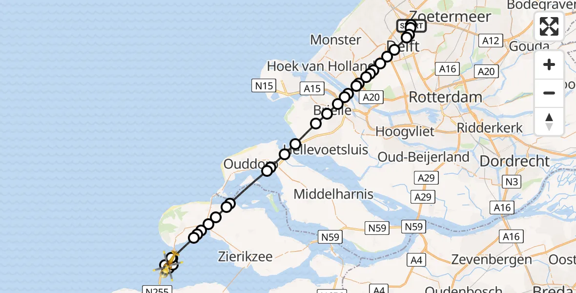 Vluchtroute Traumahelikopter van Nootdorp naar Vrouwenpolder