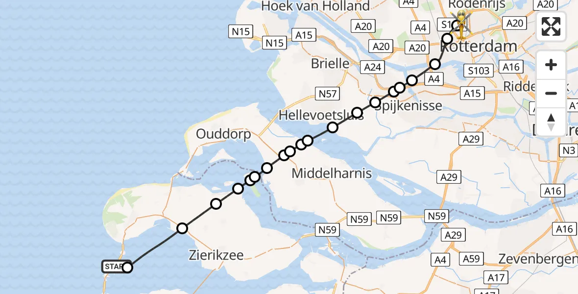 Vluchtroute Traumahelikopter van Vrouwenpolder naar Rotterdam The Hague Airport