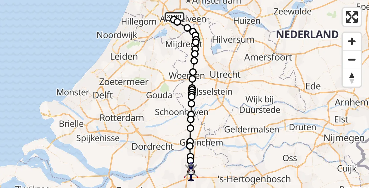 Vluchtroute Politiehelikopter van Amsterdam Vliegveld Schiphol naar Raamsdonk