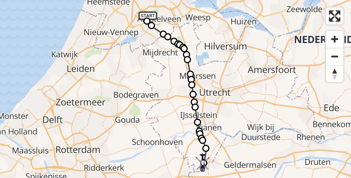 Vluchtroute Politiehelikopter van Amsterdam Vliegveld Schiphol naar Kedichem