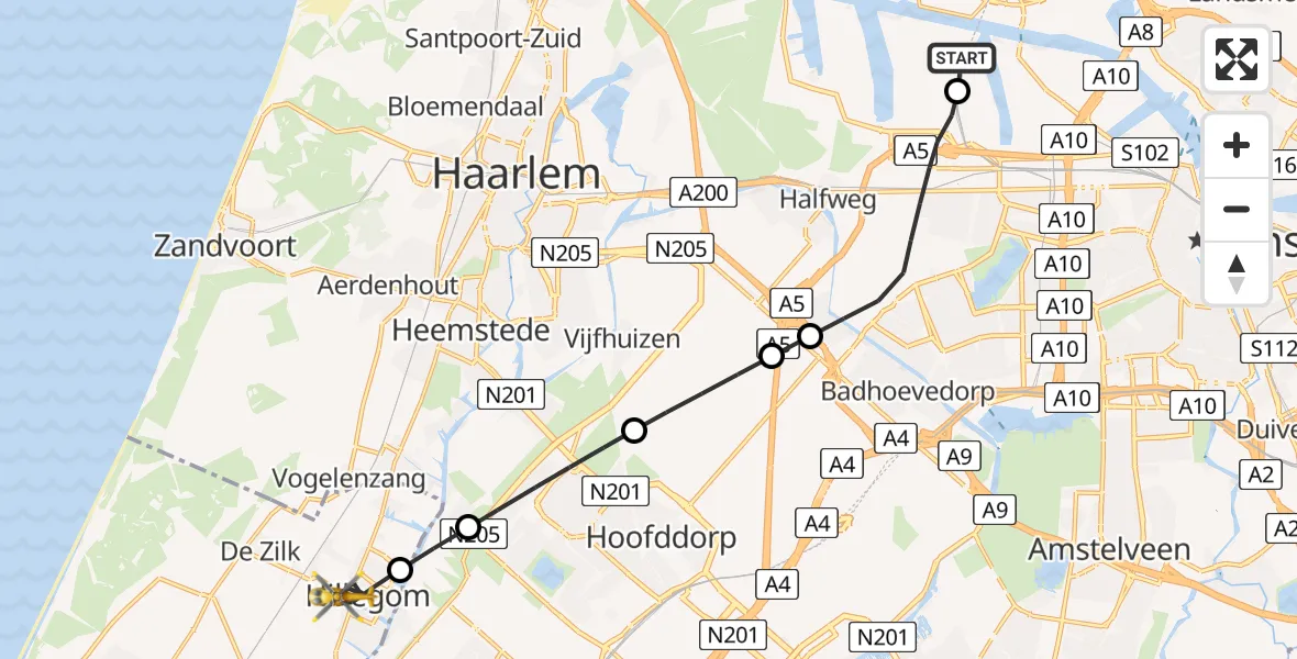 Vluchtroute Traumahelikopter van Amsterdam Heliport naar Hillegom