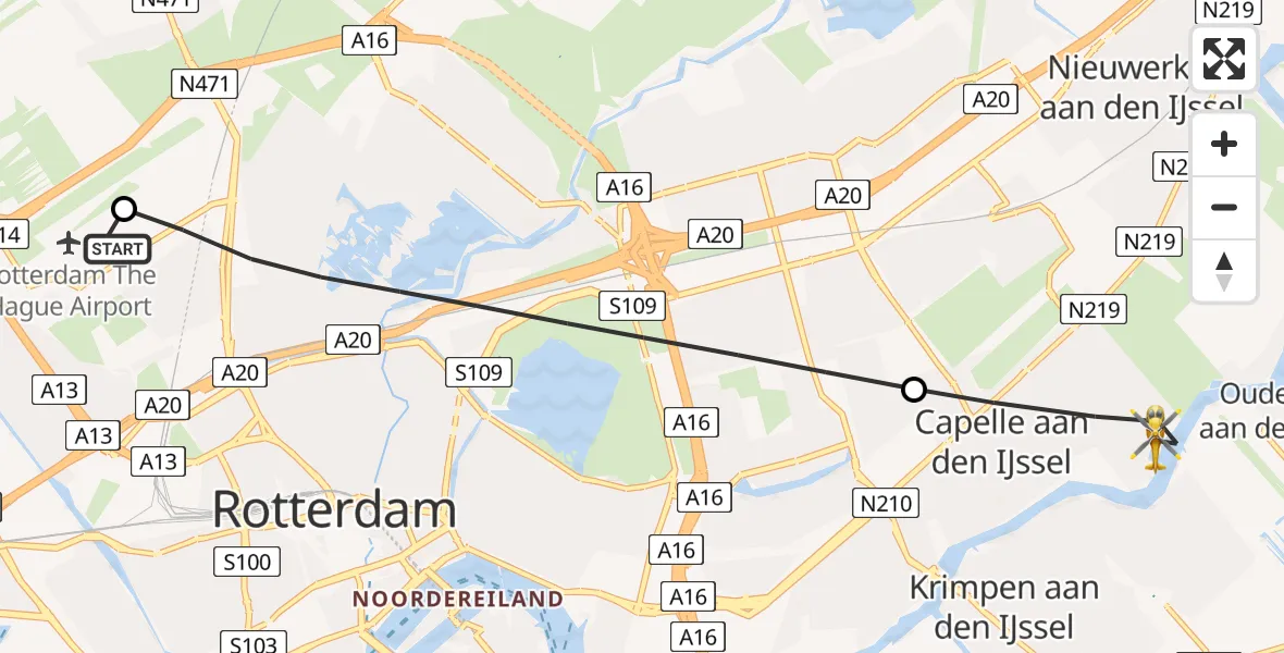 Vluchtroute Traumahelikopter van Rotterdam The Hague Airport naar Capelle aan den IJssel