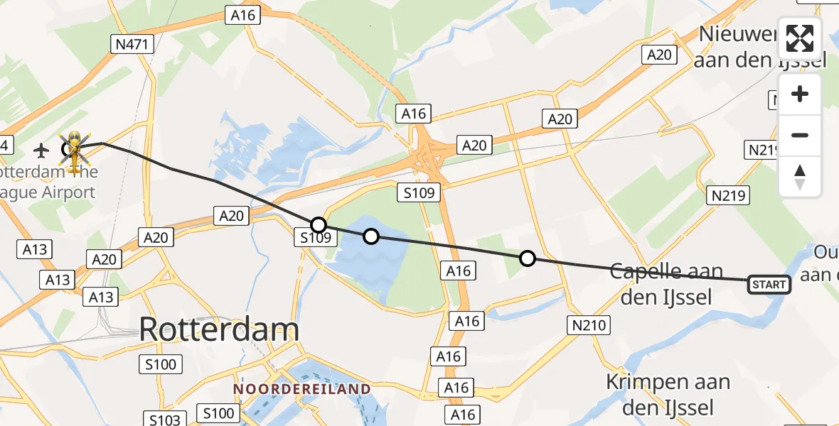 Vluchtroute Traumahelikopter van Capelle aan den IJssel naar Rotterdam The Hague Airport