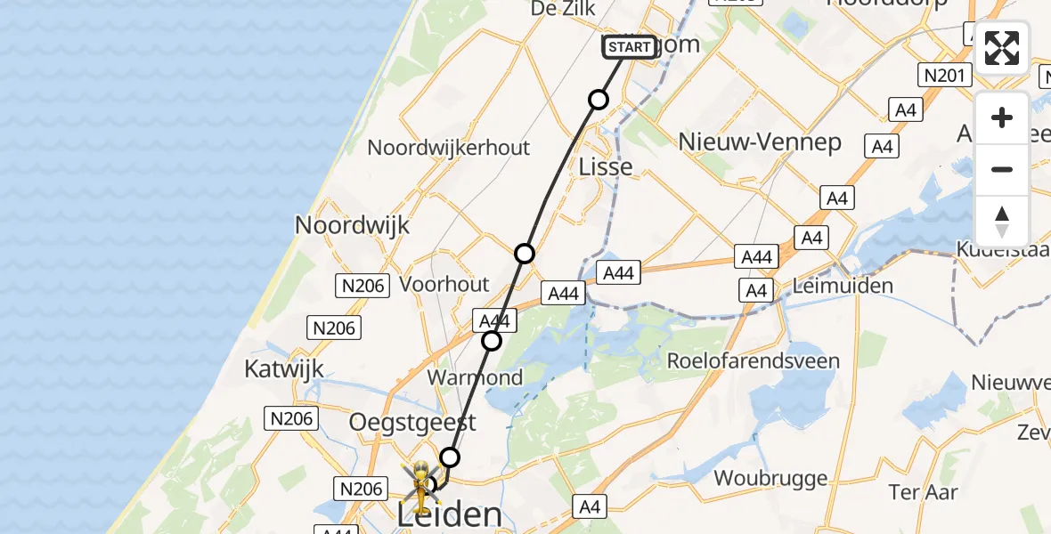 Routekaart van de vlucht: Lifeliner 1 naar Leiden University Medical Center Heliport