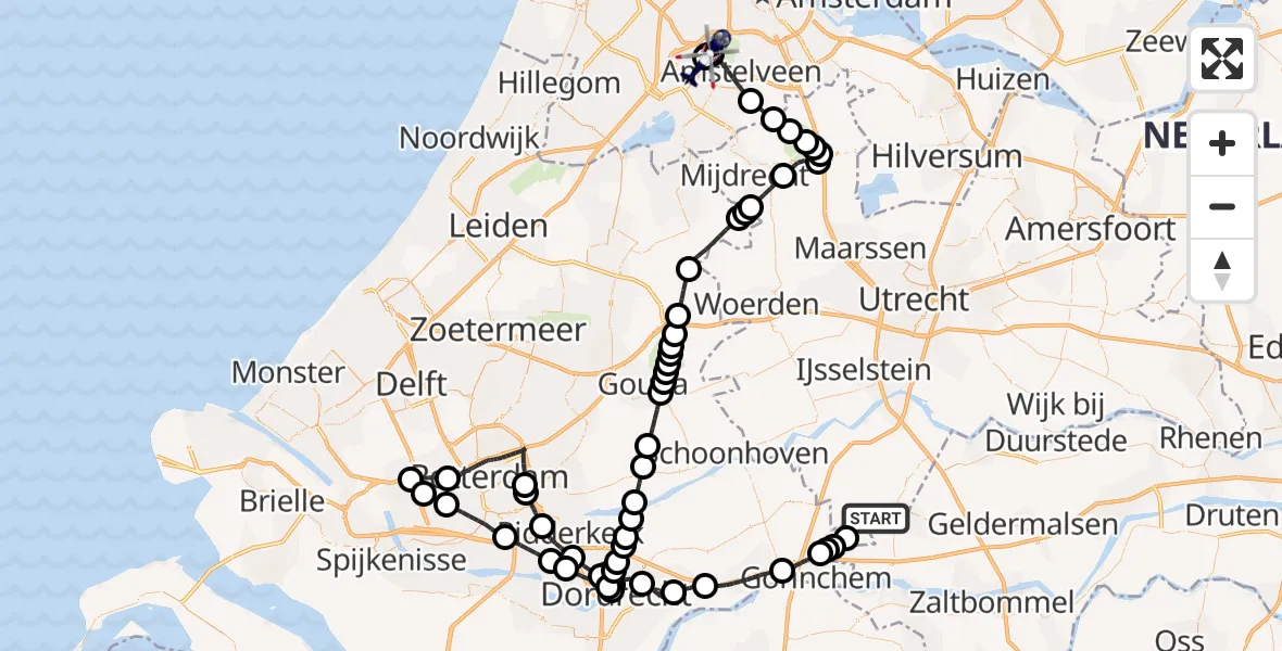 Vluchtroute Politiehelikopter van Kedichem naar Amsterdam Vliegveld Schiphol