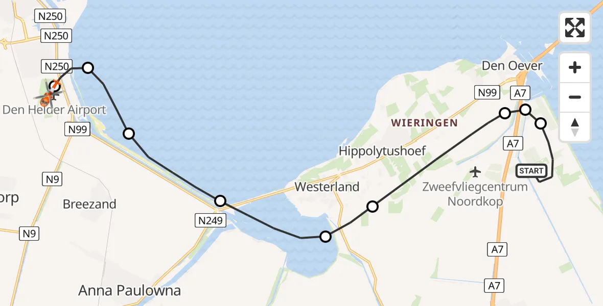 Vluchtroute Kustwachthelikopter van Wieringerwerf naar Militair vliegveld De Kooy / Den Helder Airport