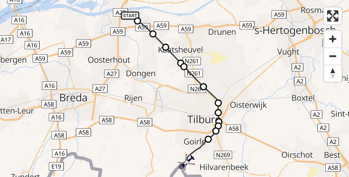 Routekaart van de vlucht: Politiehelikopter naar Goirle, Goolseweg