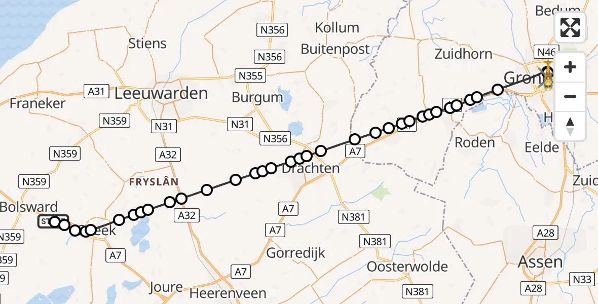 Vluchtroute Traumahelikopter van Wolsum naar Universitair Medisch Centrum Groningen