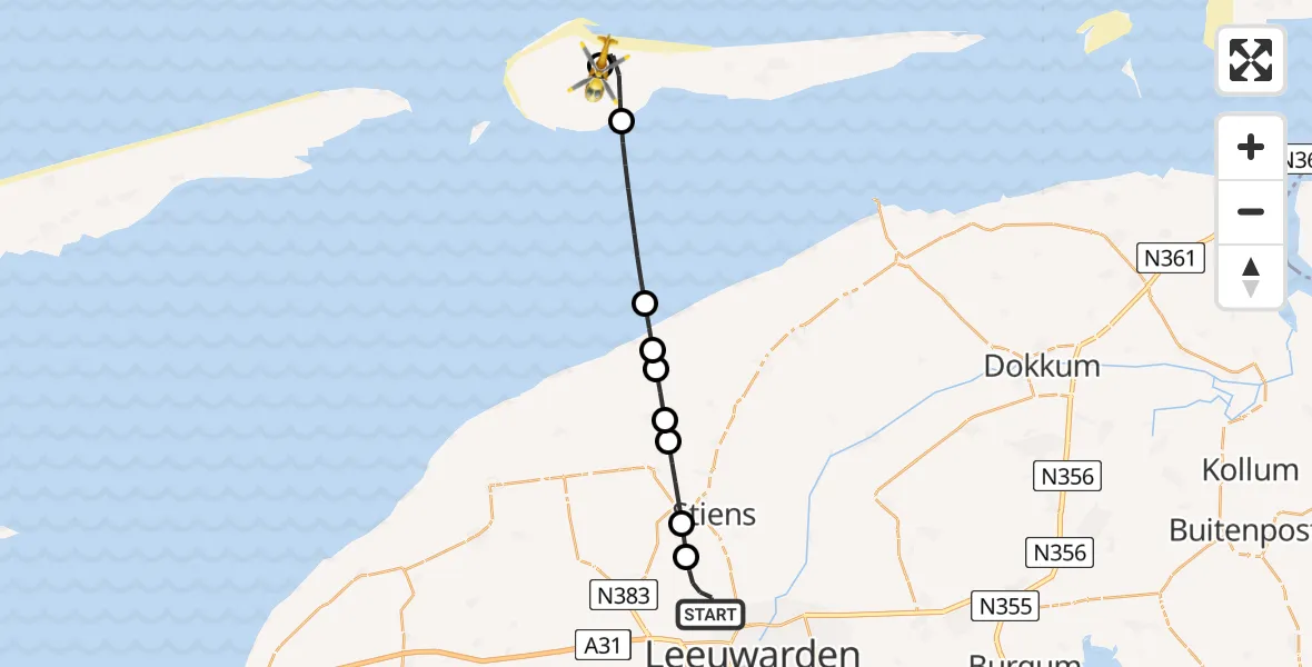 Vluchtroute Ambulancehelikopter van Vliegbasis Leeuwarden naar Ameland Vliegveld Ballum