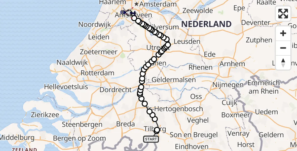 Vluchtroute Politiehelikopter van Goirle naar Amsterdam Vliegveld Schiphol