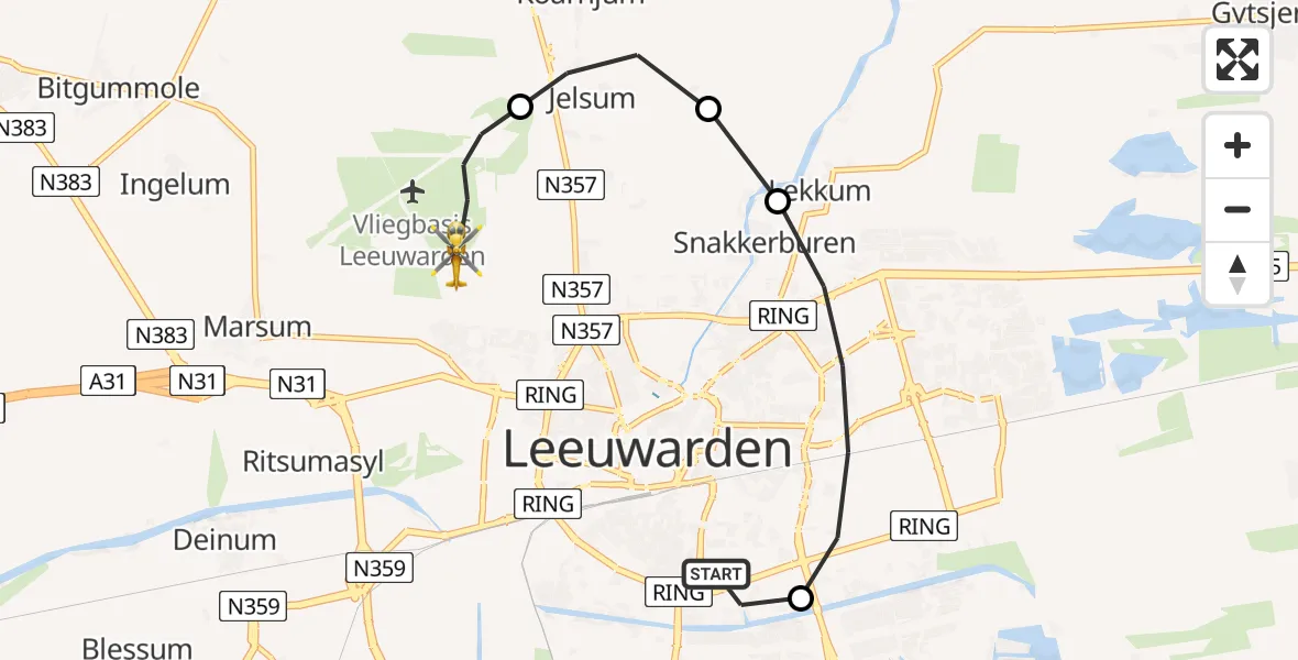 Vluchtroute Ambulancehelikopter van Leeuwarden Medical Center Heliport naar Vliegbasis Leeuwarden