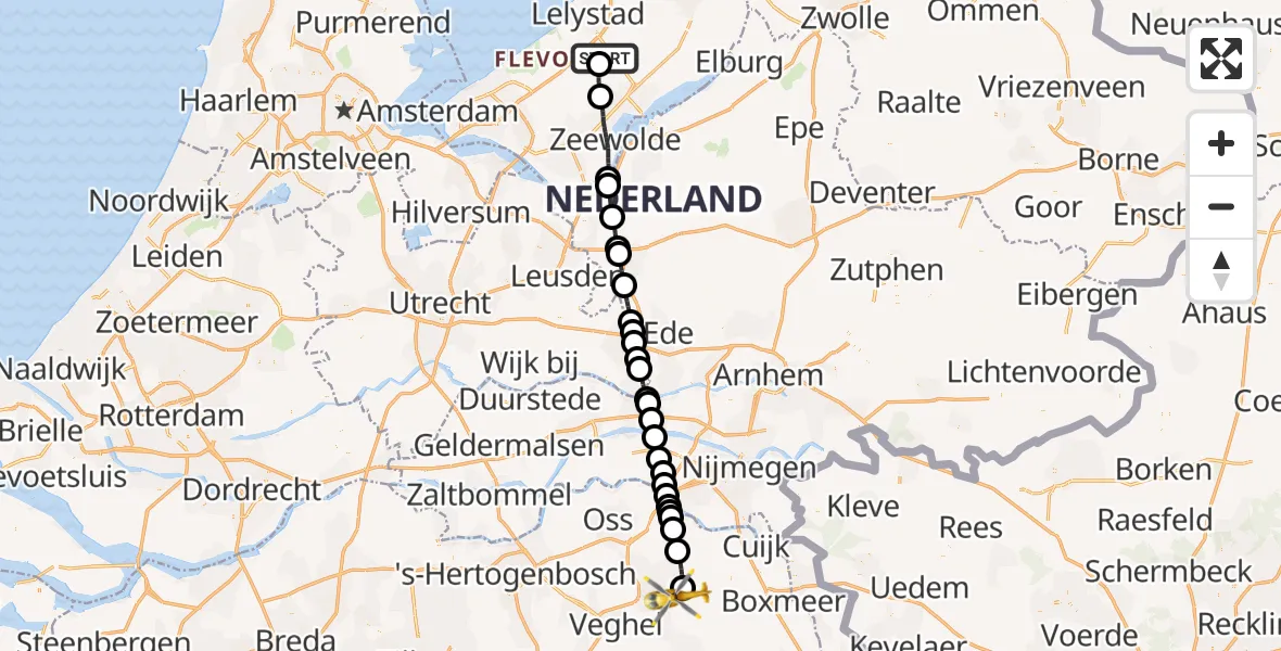 Vluchtroute Traumahelikopter van Lelystad Airport naar Vliegbasis Volkel