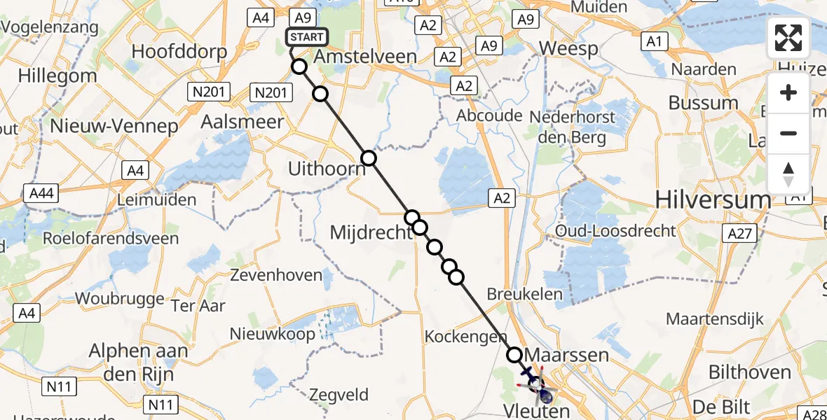 Vluchtroute Politiehelikopter van Amsterdam Vliegveld Schiphol naar Utrecht