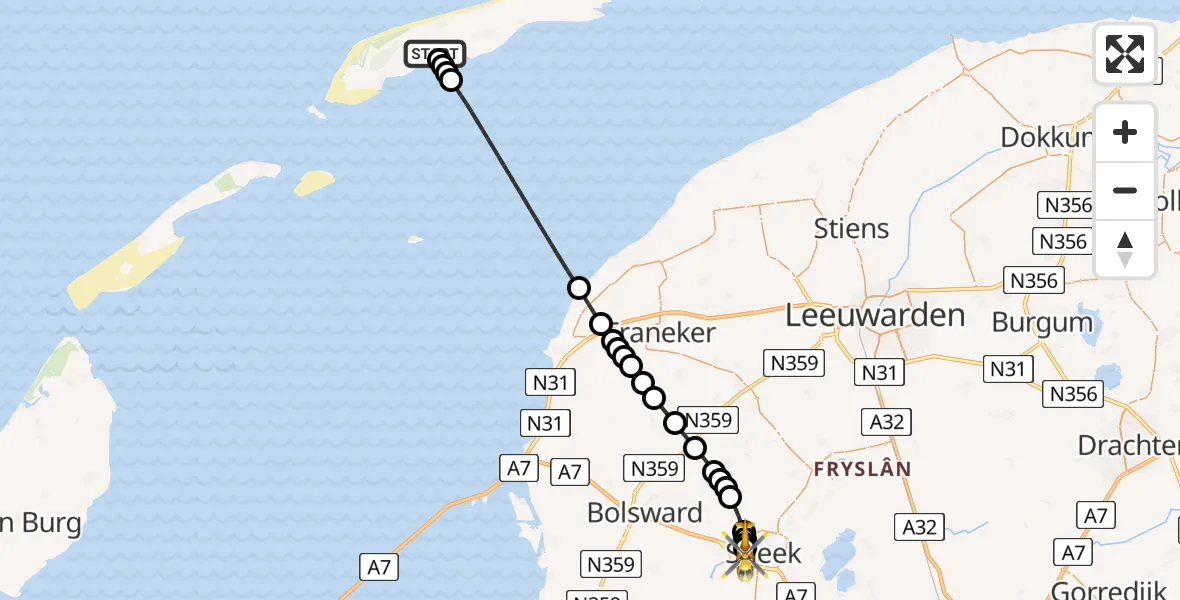 Vluchtroute Ambulancehelikopter van Terschelling Heliport naar Antonius Hospital Heliport
