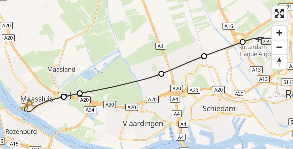 Vluchtroute Traumahelikopter van Rotterdam The Hague Airport naar Maassluis