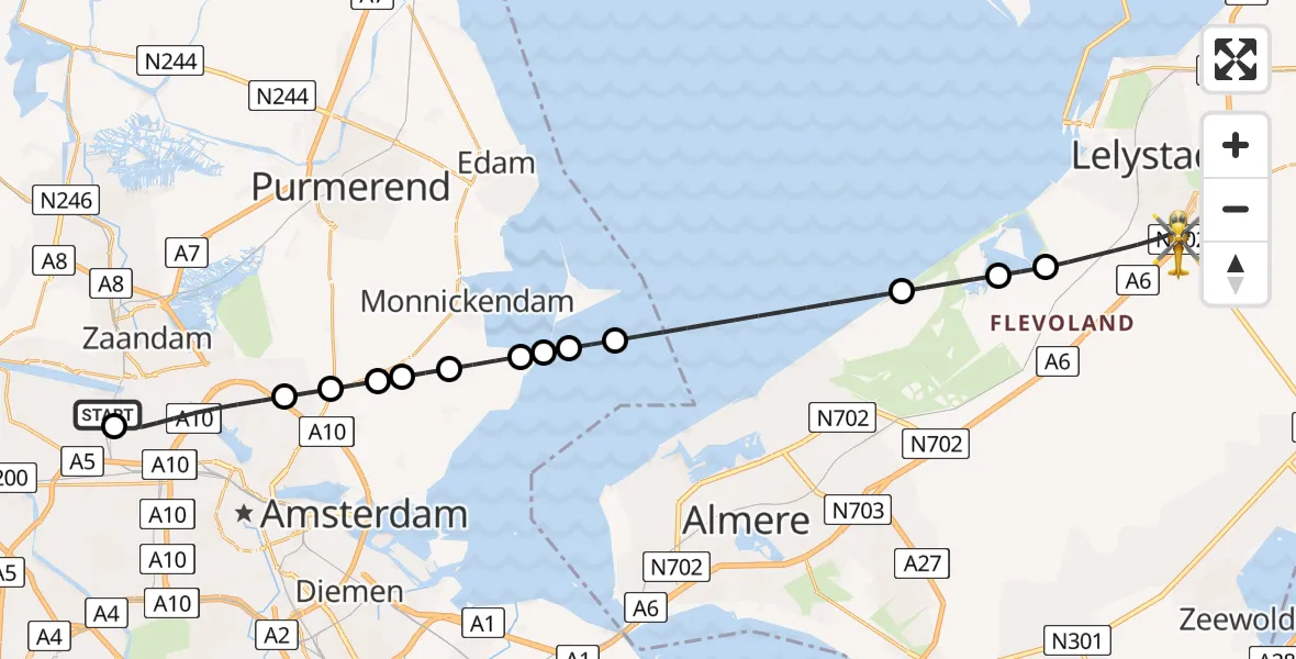 Vluchtroute Traumahelikopter van Amsterdam Heliport naar Lelystad
