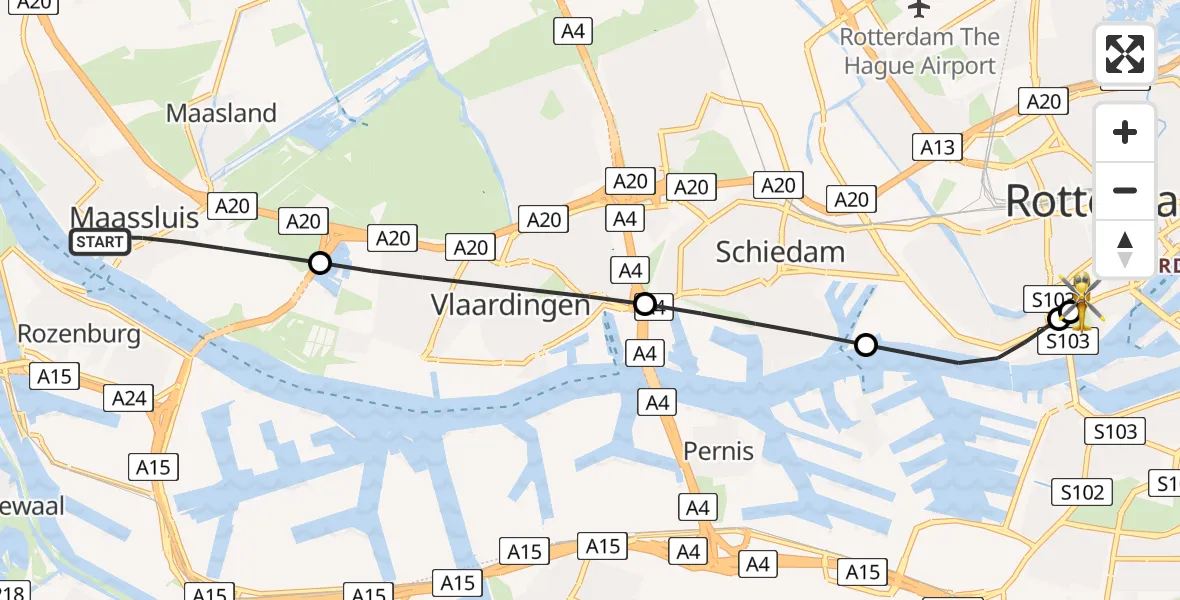 Vluchtroute Traumahelikopter van Maassluis naar Erasmus MC