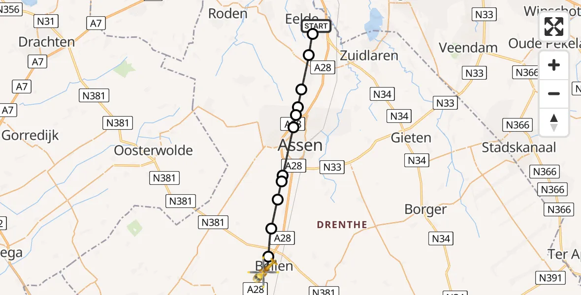 Vluchtroute Traumahelikopter van Groningen Airport Eelde naar Beilen