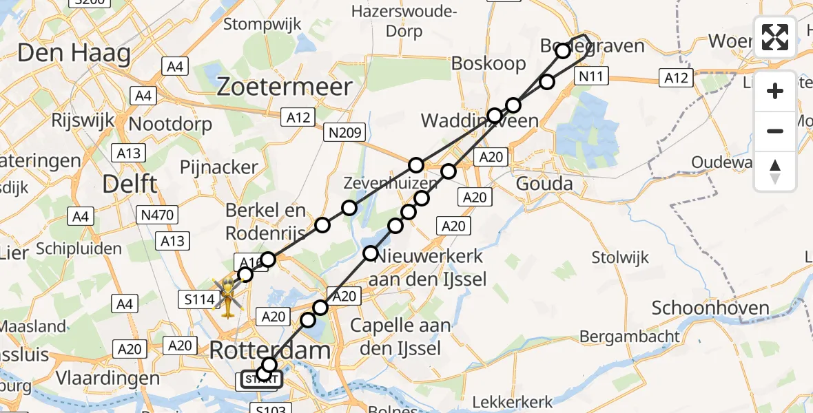 Vluchtroute Traumahelikopter van Erasmus MC naar Rotterdam The Hague Airport