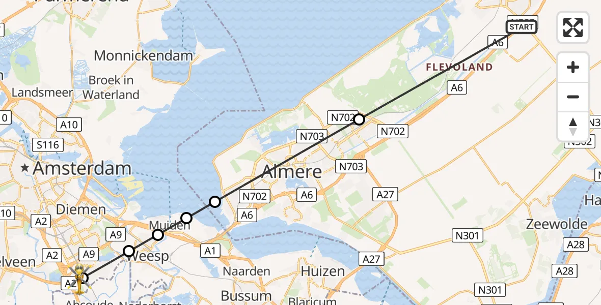 Vluchtroute Traumahelikopter van Lelystad naar Amsterdam UMC Helipad