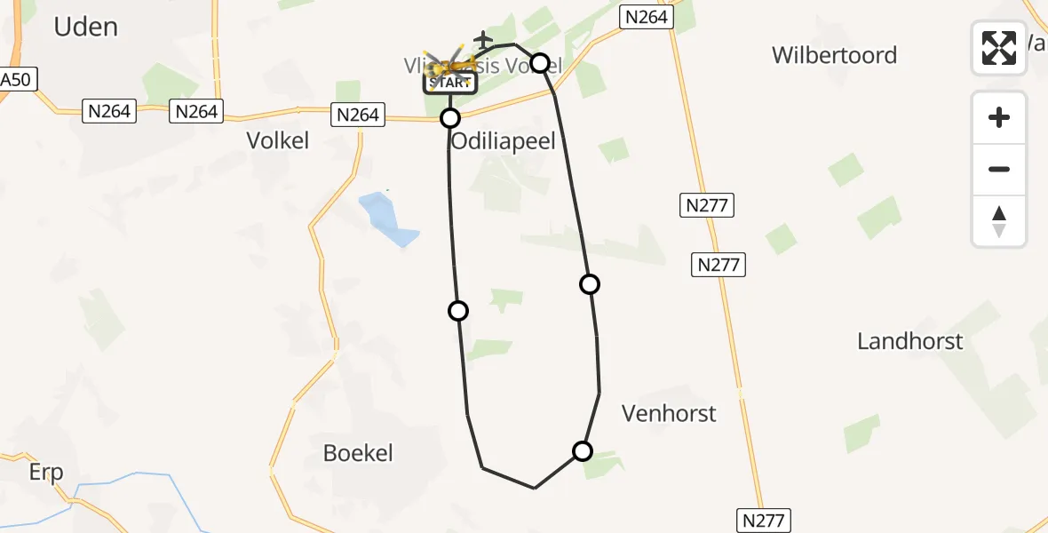 Vluchtroute Traumahelikopter van Vliegbasis Volkel naar Vliegbasis Volkel