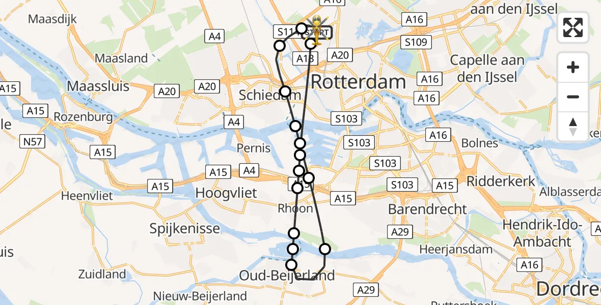 Vluchtroute Traumahelikopter van Rotterdam The Hague Airport naar Rotterdam The Hague Airport