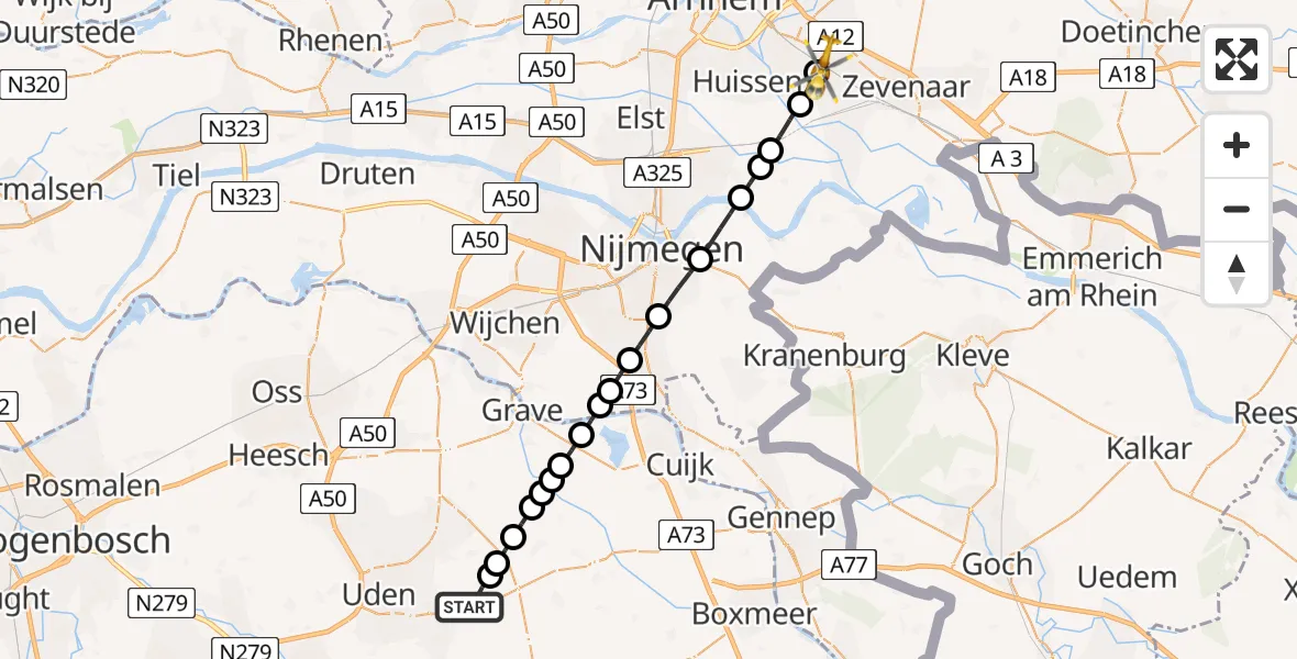 Vluchtroute Traumahelikopter van Vliegbasis Volkel naar Duiven
