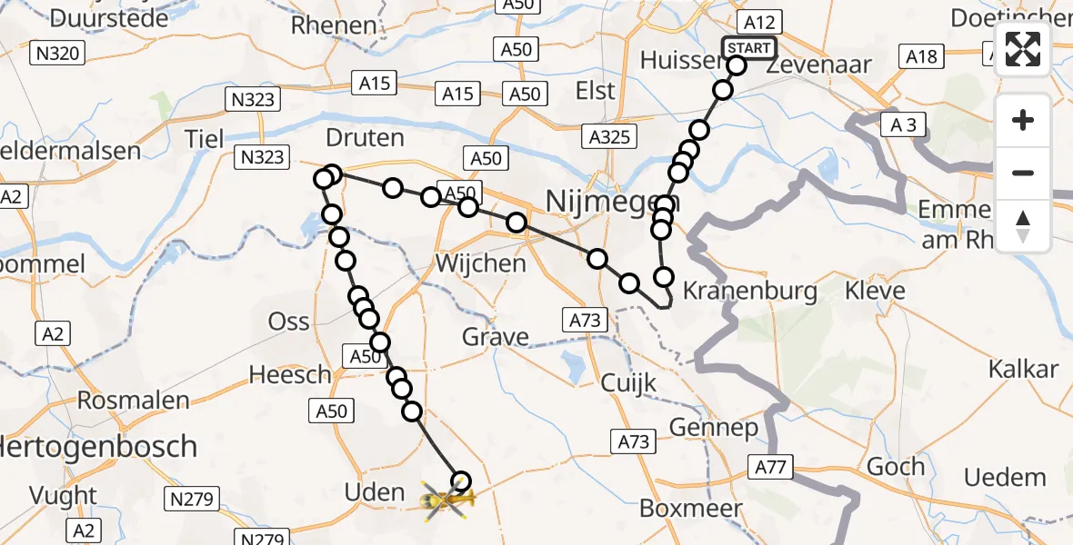 Vluchtroute Traumahelikopter van Duiven naar Vliegbasis Volkel