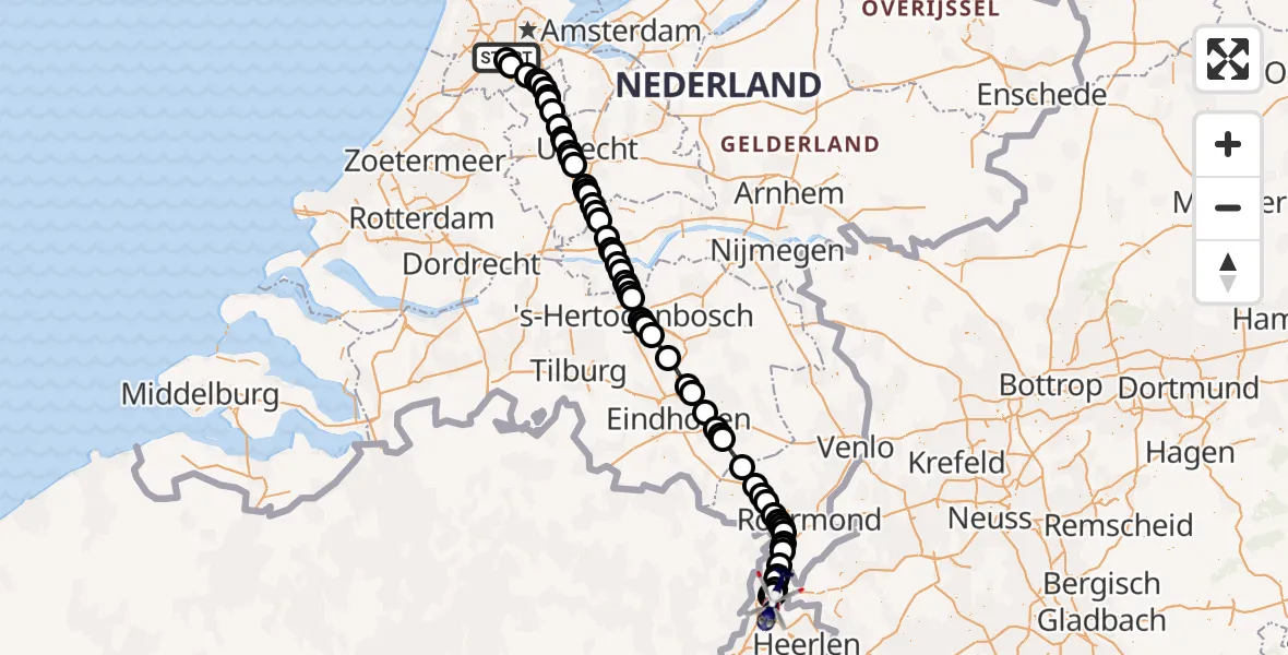 Vluchtroute Politiehelikopter van Amsterdam Vliegveld Schiphol naar Sittard