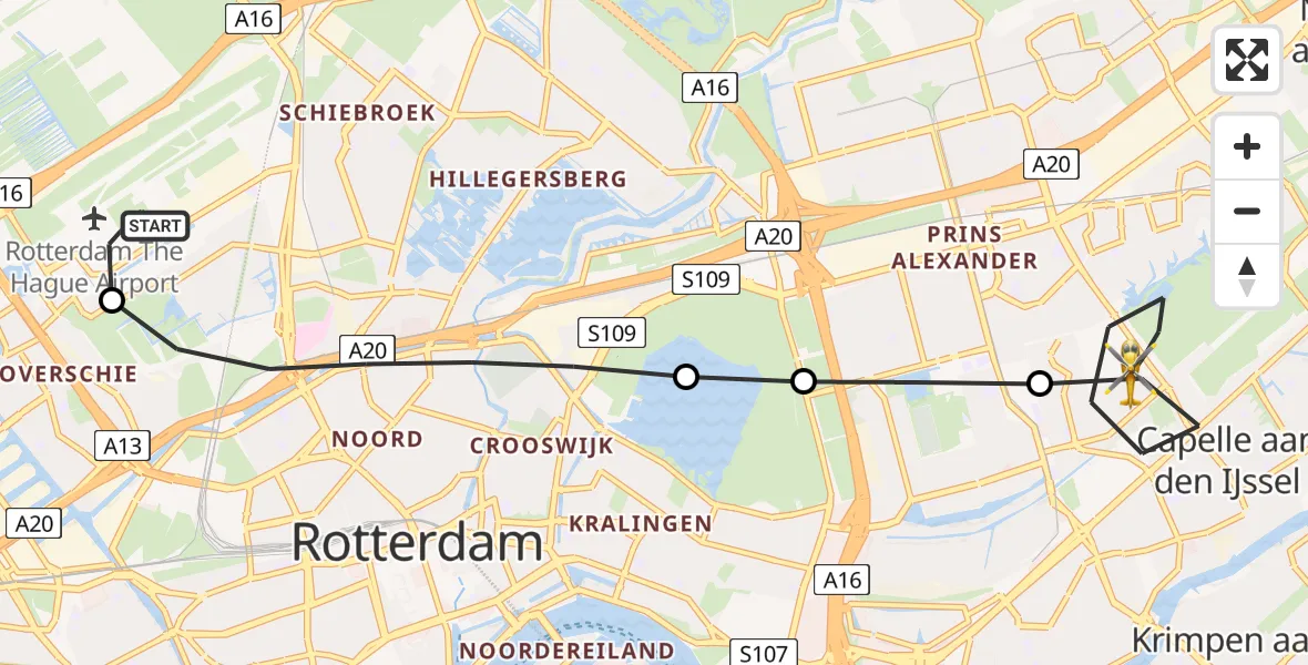 Vluchtroute Traumahelikopter van Rotterdam The Hague Airport naar Capelle aan den IJssel