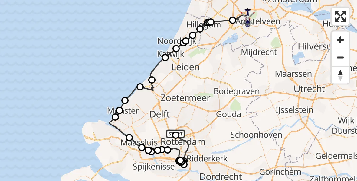 Vluchtroute Politiehelikopter van Rotterdam The Hague Airport naar Amsterdam Vliegveld Schiphol
