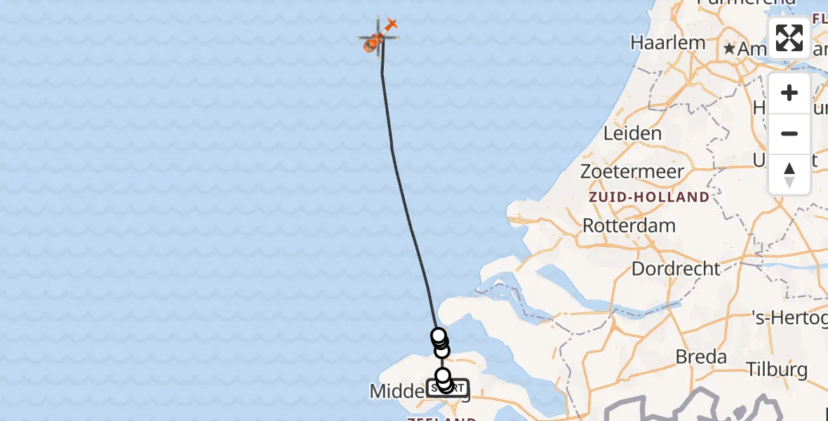 Vluchtroute Kustwachthelikopter van Vliegveld Midden-Zeeland naar Noordzee