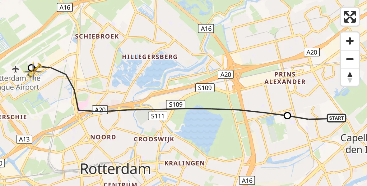 Vluchtroute Traumahelikopter van Capelle aan den IJssel naar Rotterdam The Hague Airport