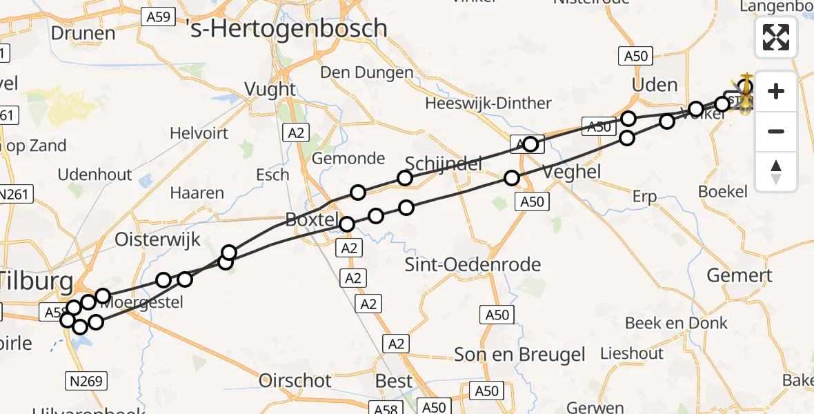 Vluchtroute Traumahelikopter van Vliegbasis Volkel naar Vliegbasis Volkel