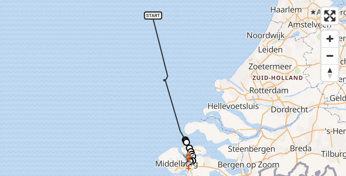 Vluchtroute Kustwachthelikopter van Noordzee naar Vliegveld Midden-Zeeland