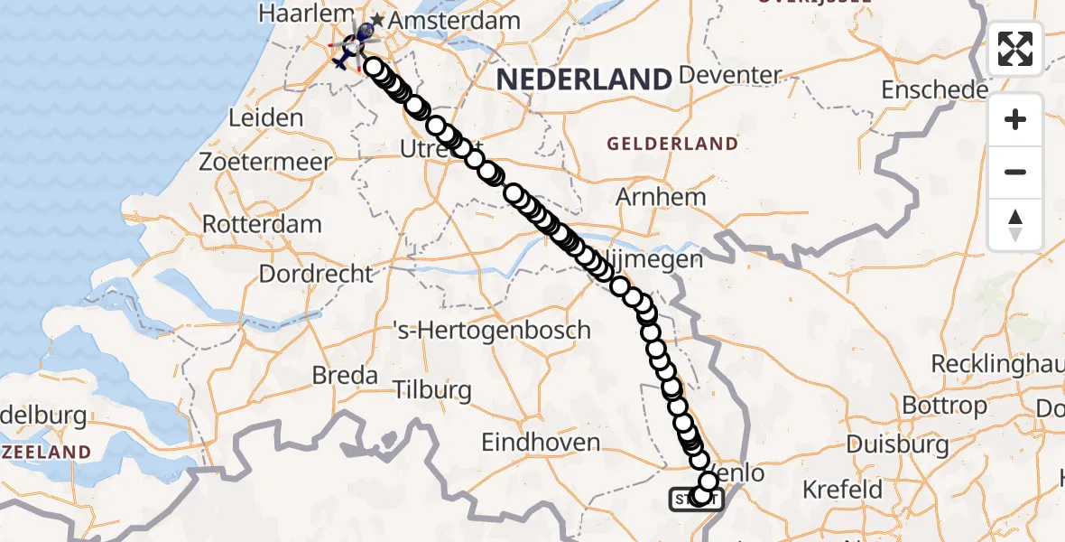 Vluchtroute Politiehelikopter van Helden naar Amsterdam Vliegveld Schiphol
