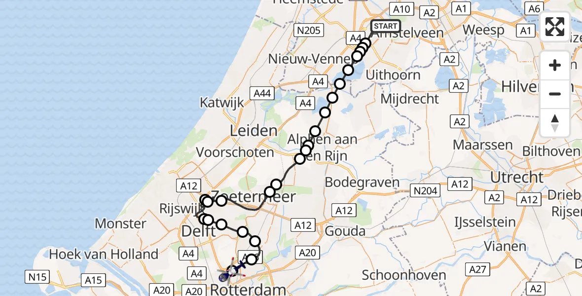 Vluchtroute Politiehelikopter van Amsterdam Vliegveld Schiphol naar Rotterdam The Hague Airport