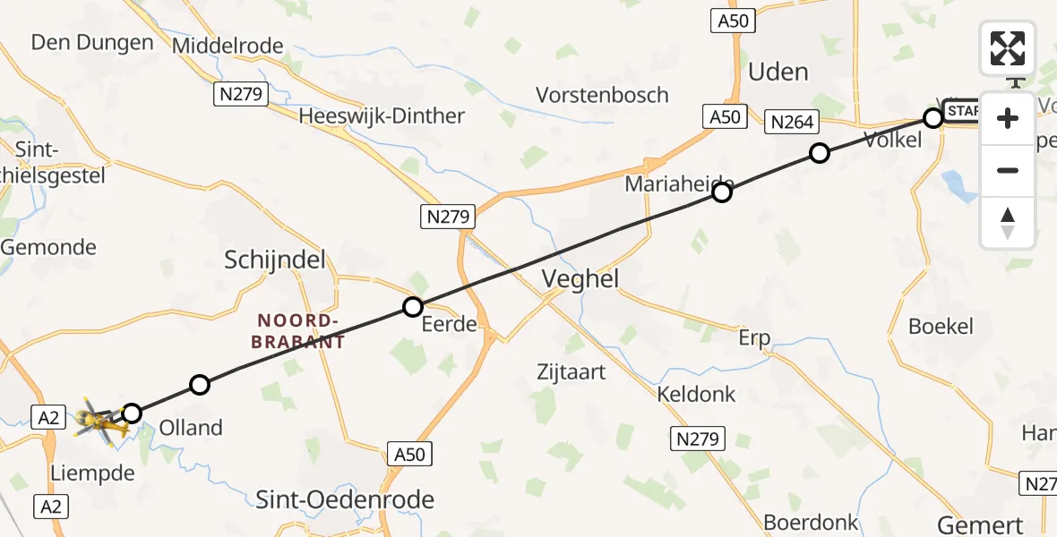 Vluchtroute Traumahelikopter van Vliegbasis Volkel naar Liempde
