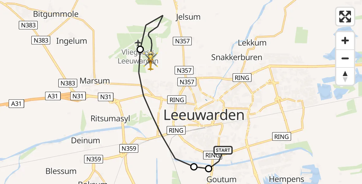 Vluchtroute Ambulancehelikopter van Leeuwarden Medical Center Heliport naar Vliegbasis Leeuwarden