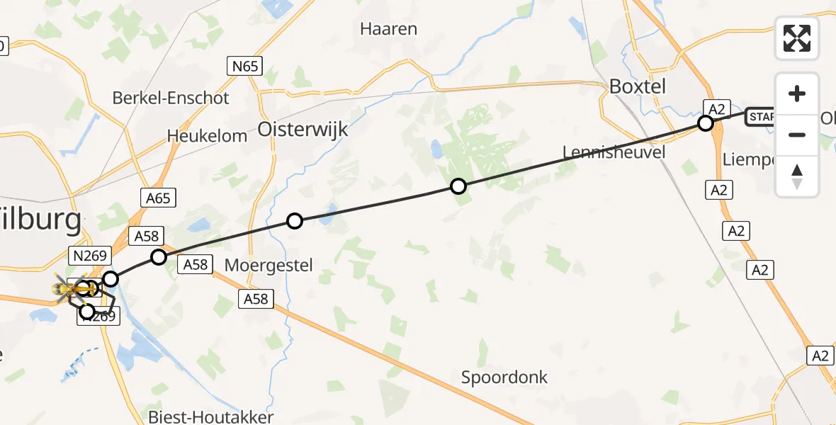 Vluchtroute Traumahelikopter van Liempde naar St. Elisabeth Hospital Heliport