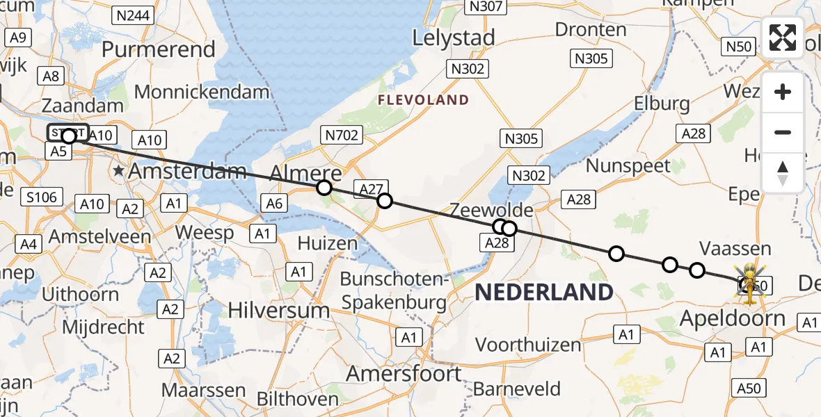 Vluchtroute Traumahelikopter van Amsterdam Heliport naar Beemte Broekland
