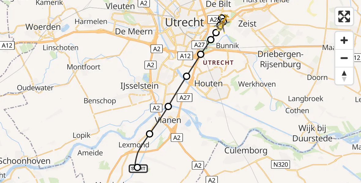 Vluchtroute Traumahelikopter van Hei- en Boeicop naar Utrecht