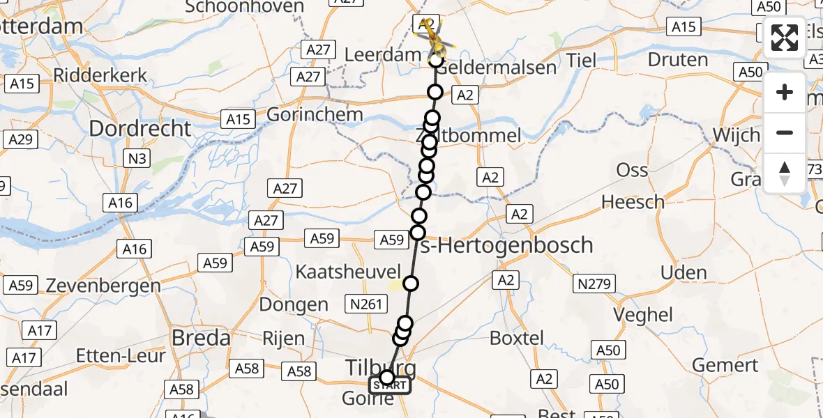 Vluchtroute Traumahelikopter van St. Elisabeth Hospital Heliport naar Beesd