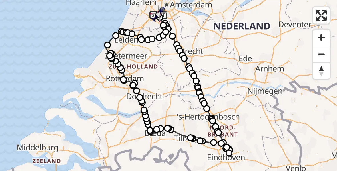 Vluchtroute Politiehelikopter van Amsterdam Vliegveld Schiphol naar Amsterdam Vliegveld Schiphol