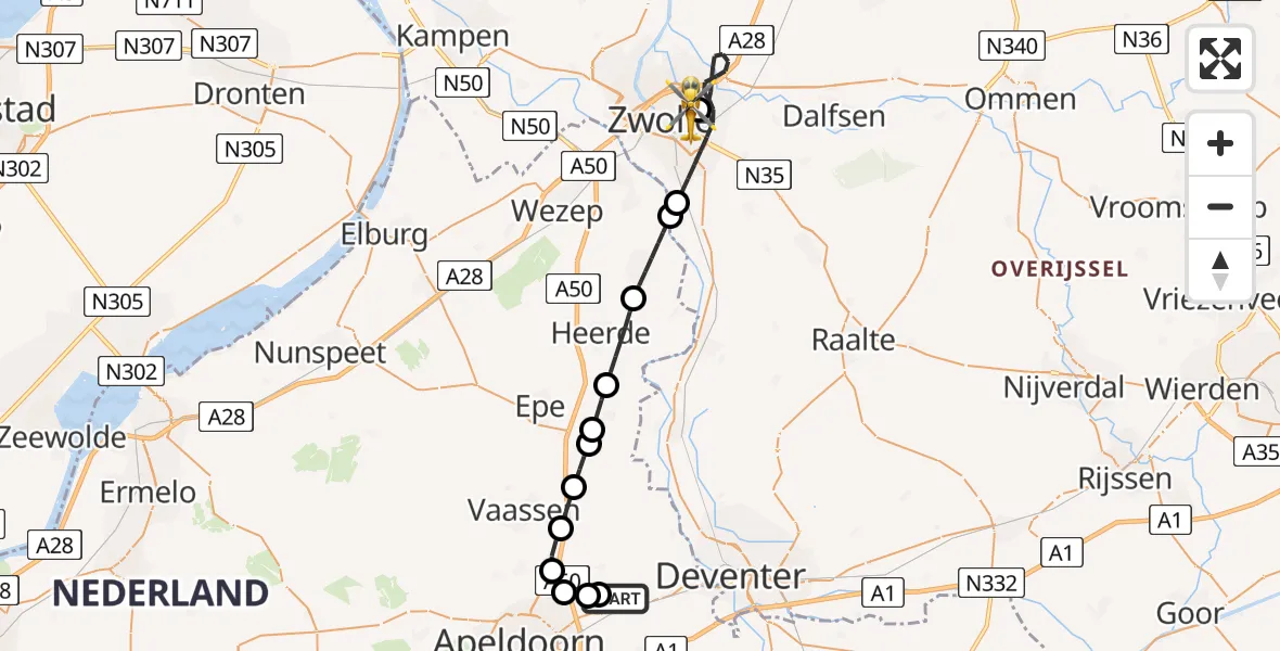Vluchtroute Traumahelikopter van Vliegveld Teuge naar Isala Hospital Zwolle Heliport