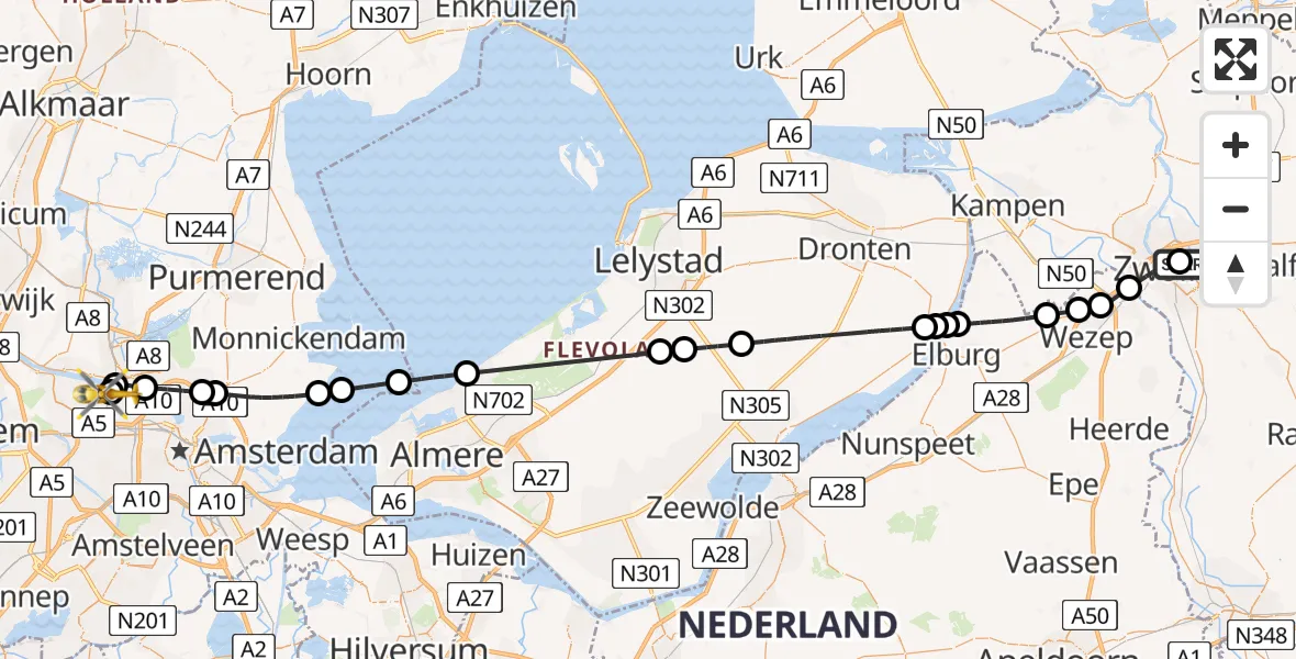 Vluchtroute Traumahelikopter van Isala Hospital Zwolle Heliport naar Amsterdam Heliport