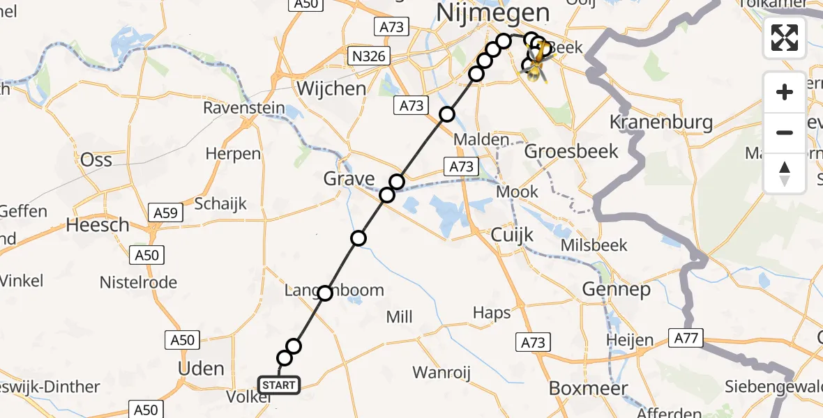 Vluchtroute Traumahelikopter van Vliegbasis Volkel naar Berg en Dal