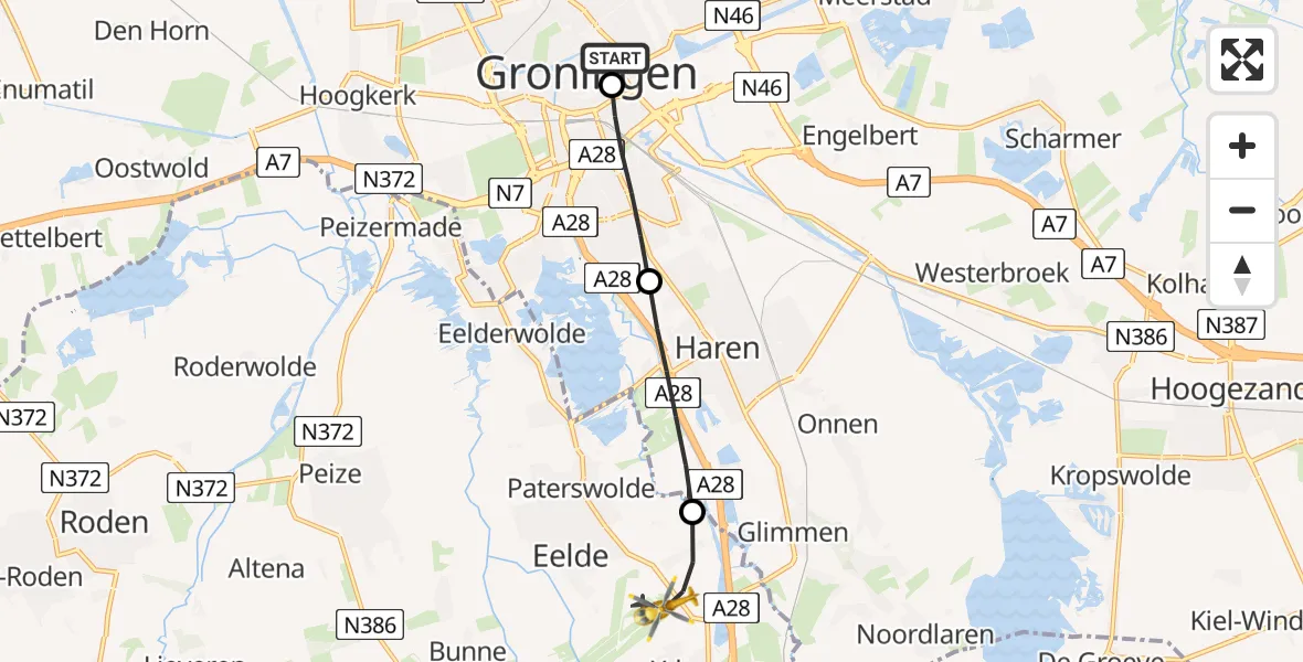 Vluchtroute Traumahelikopter van Universitair Medisch Centrum Groningen naar Groningen Airport Eelde